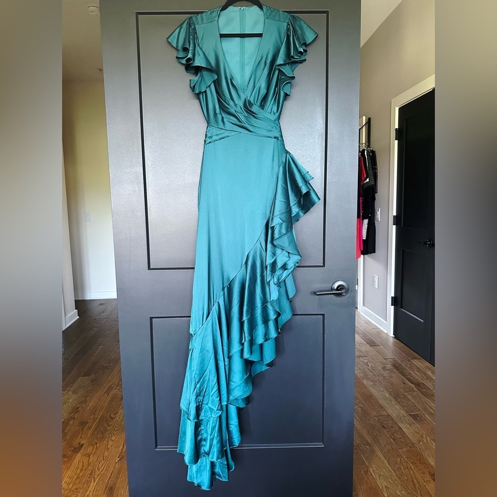 NWT | Mac Duggal | 49529 | Teal Ruffle High Low Asymmetric Dress - Picture 4 of 9